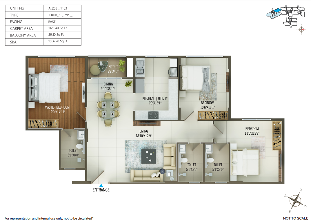 3 BHK Floor Plan 1667 Sq Ft